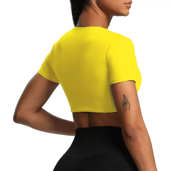 Aoxjox Short Sleeve Crop Tops for Women Sienna Twist Deep V Workout Crop T Shirt TopVibrant Yellow