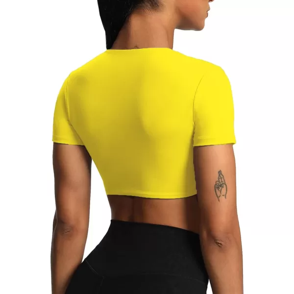 Aoxjox Short Sleeve Crop Tops for Women Sienna Twist Deep V Workout Crop T Shirt TopVibrant Yellow