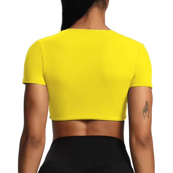 Aoxjox Short Sleeve Crop Tops for Women Sienna Twist Deep V Workout Crop T Shirt TopVibrant Yellow