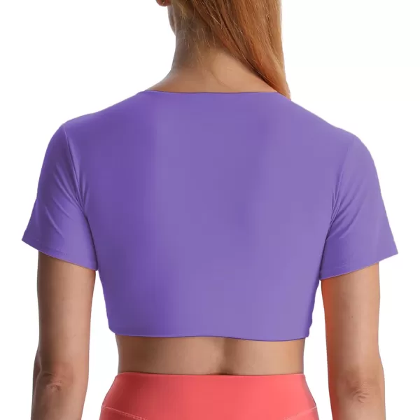 Aoxjox Short Sleeve Crop Tops for Women Sienna Twist Deep V Workout Crop T Shirt TopViolet