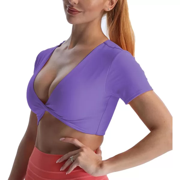 Aoxjox Short Sleeve Crop Tops for Women Sienna Twist Deep V Workout Crop T Shirt TopViolet