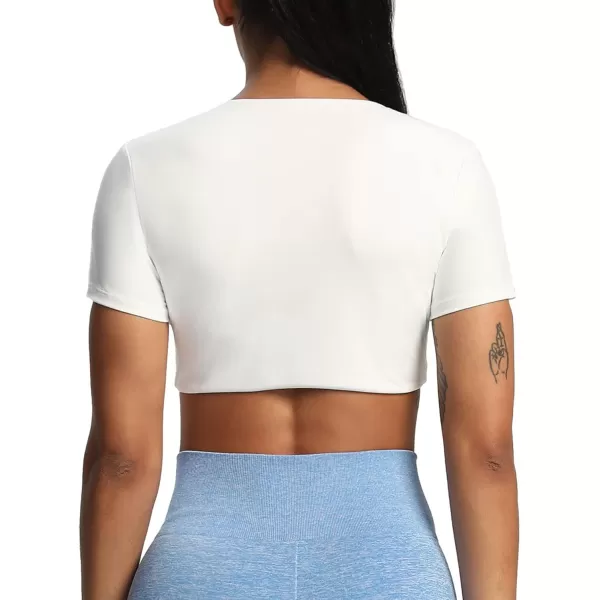 Aoxjox Short Sleeve Crop Tops for Women Sienna Twist Deep V Workout Crop T Shirt TopWhite