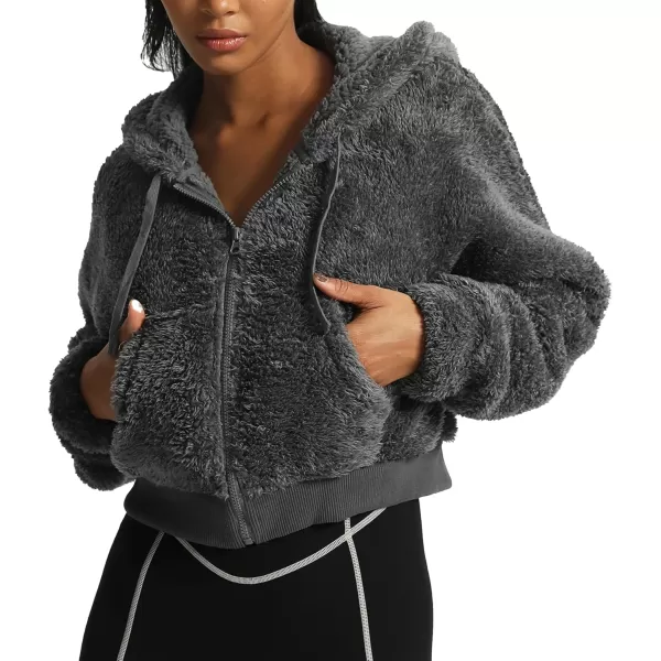 Aoxjox Womens Winter Hoodies Zipper Oversized Fuzzy Teddy Fleece Sweater SweatshirtIron Grey