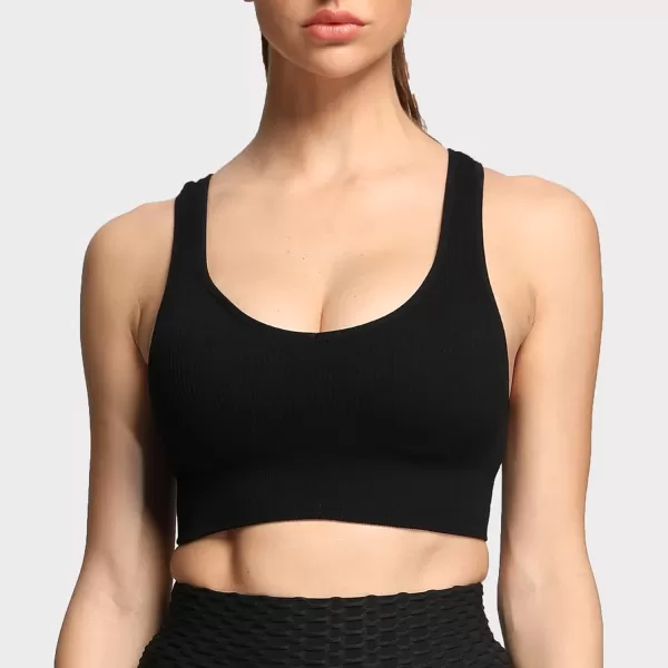 Aoxjox Womens Workout Ribbed Seamless Sports Bras Fitness Running Yoga Crop Tank Top1 Black