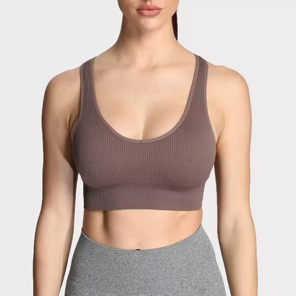 Aoxjox Womens Workout Ribbed Seamless Sports Bras Fitness Running Yoga Crop Tank Top1 Cocoa Brown