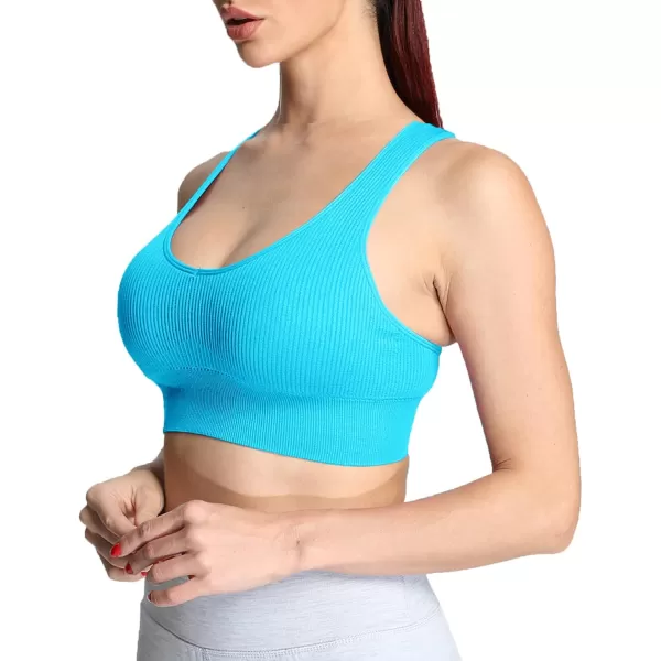 Aoxjox Womens Workout Ribbed Seamless Sports Bras Fitness Running Yoga Crop Tank TopAquarius Blue