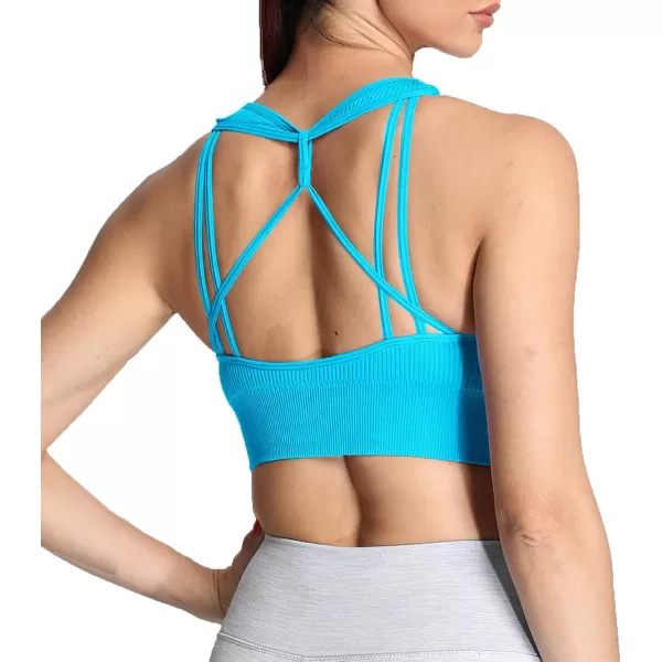 Aoxjox Womens Workout Ribbed Seamless Sports Bras Fitness Running Yoga Crop Tank TopAquarius Blue