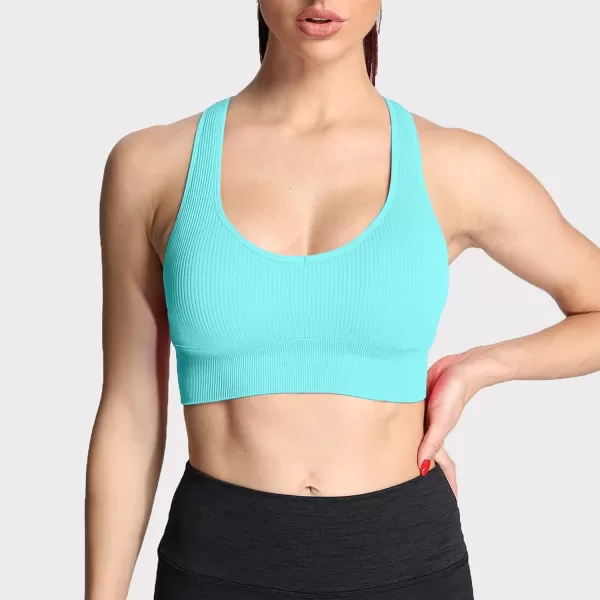 Aoxjox Womens Workout Ribbed Seamless Sports Bras Fitness Running Yoga Crop Tank TopBlue