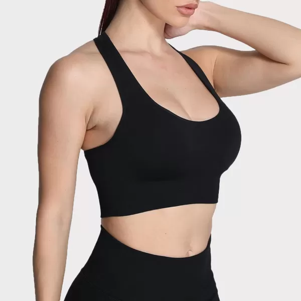 Aoxjox Womens Workout Ribbed Seamless Sports Bras Fitness Running Yoga Crop Tank TopC Black