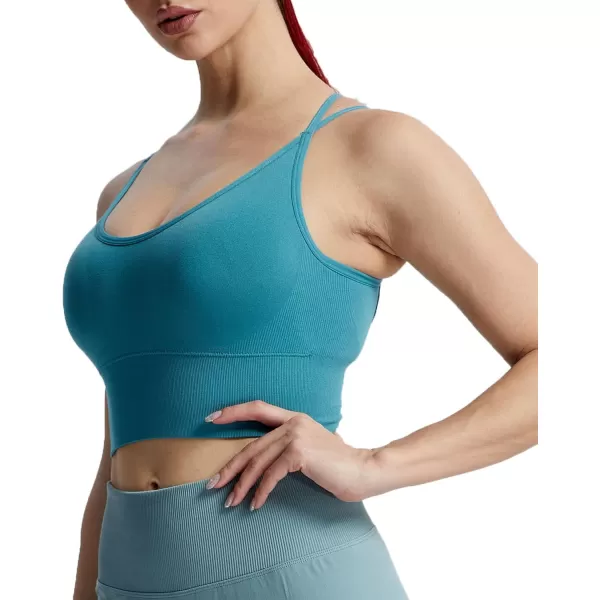 Aoxjox Womens Workout Ribbed Seamless Sports Bras Fitness Running Yoga Crop Tank TopD Teal