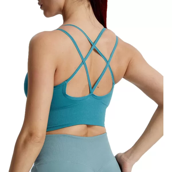 Aoxjox Womens Workout Ribbed Seamless Sports Bras Fitness Running Yoga Crop Tank TopD Teal
