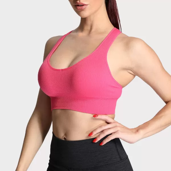 Aoxjox Womens Workout Ribbed Seamless Sports Bras Fitness Running Yoga Crop Tank TopDark Pink