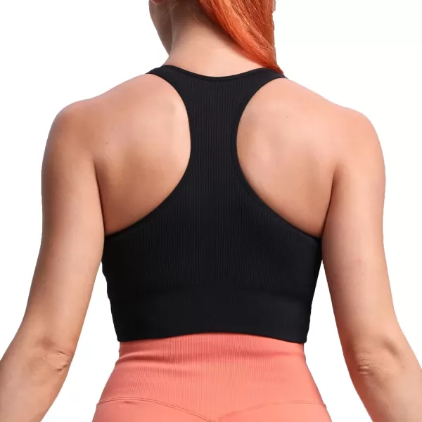 Aoxjox Womens Workout Ribbed Seamless Sports Bras Fitness Running Yoga Crop Tank TopE Black