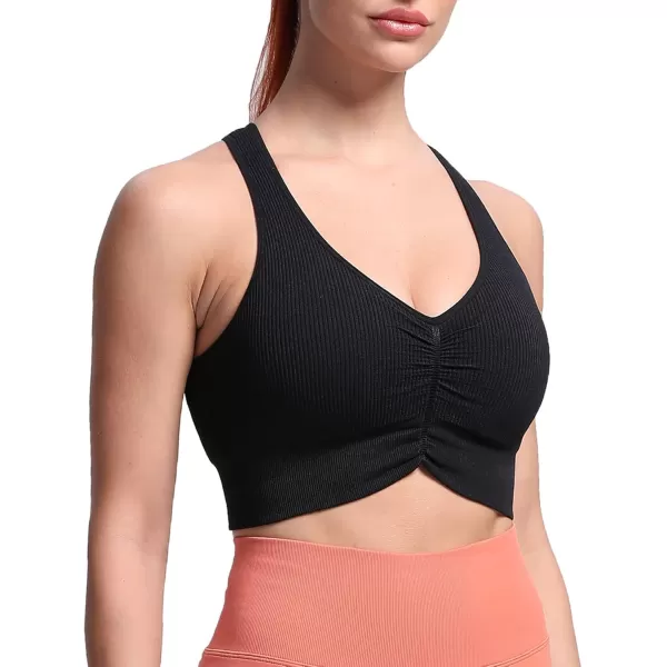 Aoxjox Womens Workout Ribbed Seamless Sports Bras Fitness Running Yoga Crop Tank TopE Black