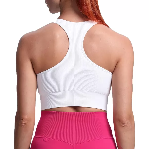 Aoxjox Womens Workout Ribbed Seamless Sports Bras Fitness Running Yoga Crop Tank TopE White