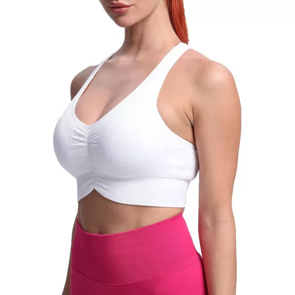 Aoxjox Womens Workout Ribbed Seamless Sports Bras Fitness Running Yoga Crop Tank TopE White