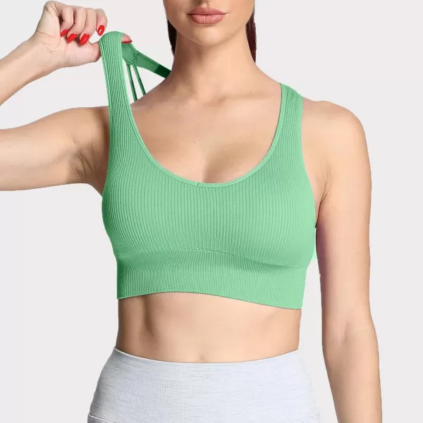 Aoxjox Womens Workout Ribbed Seamless Sports Bras Fitness Running Yoga Crop Tank TopMineral Green