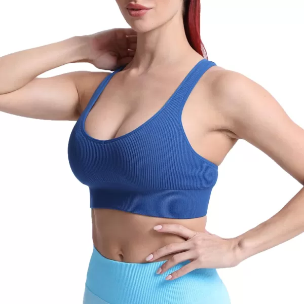 Aoxjox Womens Workout Ribbed Seamless Sports Bras Fitness Running Yoga Crop Tank TopSet Sail Blue