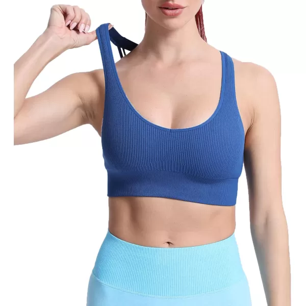 Aoxjox Womens Workout Ribbed Seamless Sports Bras Fitness Running Yoga Crop Tank TopSet Sail Blue