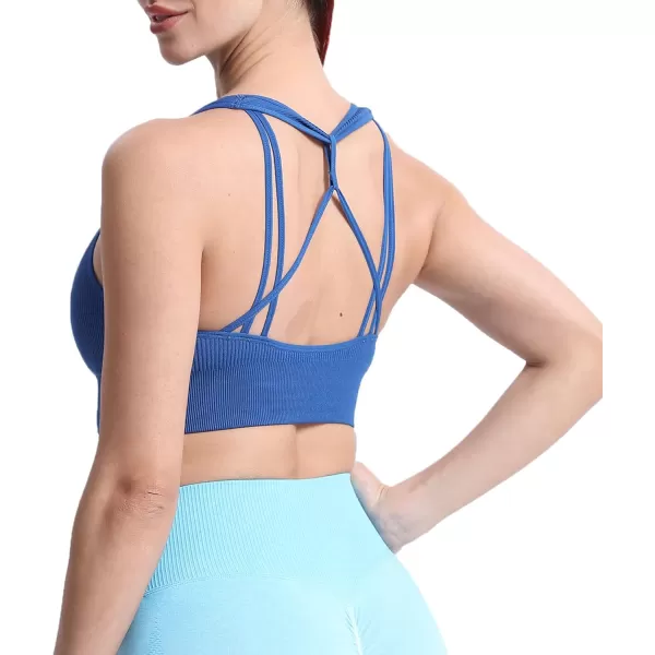 Aoxjox Womens Workout Ribbed Seamless Sports Bras Fitness Running Yoga Crop Tank TopSet Sail Blue