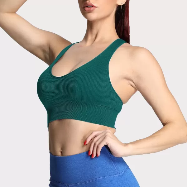 Aoxjox Womens Workout Ribbed Seamless Sports Bras Fitness Running Yoga Crop Tank TopStorm Green