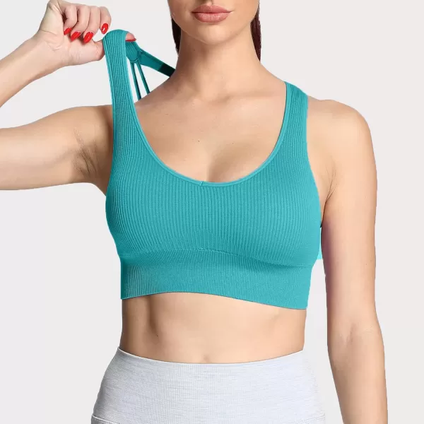 Aoxjox Womens Workout Ribbed Seamless Sports Bras Fitness Running Yoga Crop Tank TopTeal