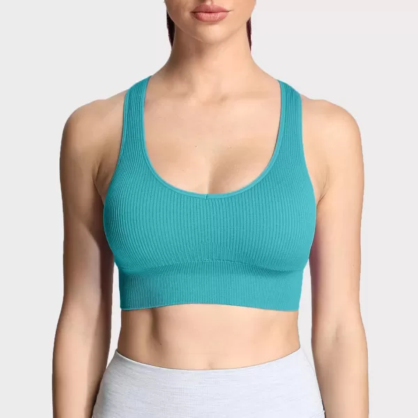 Aoxjox Womens Workout Ribbed Seamless Sports Bras Fitness Running Yoga Crop Tank TopTeal