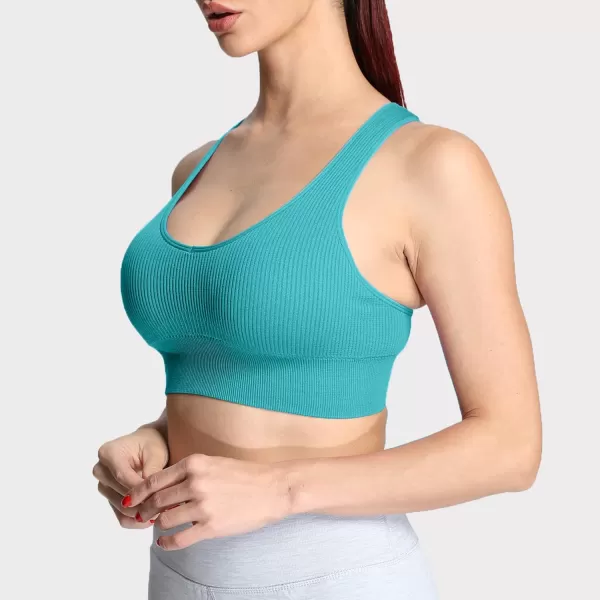 Aoxjox Womens Workout Ribbed Seamless Sports Bras Fitness Running Yoga Crop Tank TopTeal