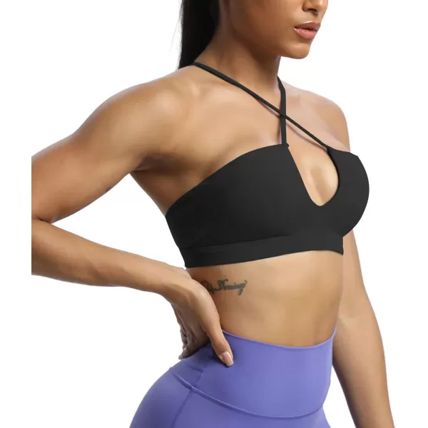 Aoxjox Womens Workout Sports Bras Jamie Deep V Fitness Backless Padded Training Gym Bra Yoga Crop Tank TopA Black