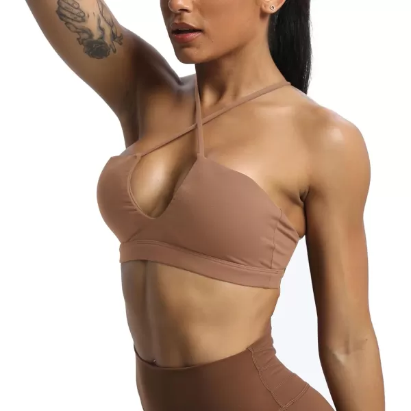 Aoxjox Womens Workout Sports Bras Jamie Deep V Fitness Backless Padded Training Gym Bra Yoga Crop Tank TopBrownie