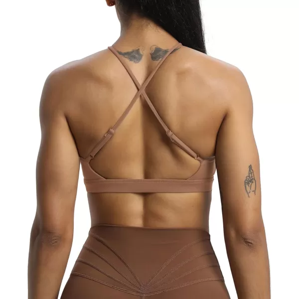 Aoxjox Womens Workout Sports Bras Jamie Deep V Fitness Backless Padded Training Gym Bra Yoga Crop Tank TopBrownie