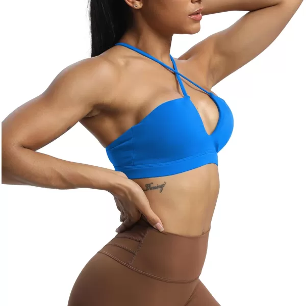 Aoxjox Womens Workout Sports Bras Jamie Deep V Fitness Backless Padded Training Gym Bra Yoga Crop Tank TopDirectoire Blue