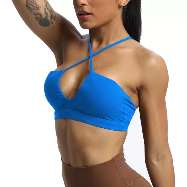 Aoxjox Womens Workout Sports Bras Jamie Deep V Fitness Backless Padded Training Gym Bra Yoga Crop Tank TopDirectoire Blue