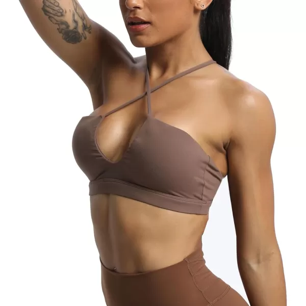 Aoxjox Womens Workout Sports Bras Jamie Deep V Fitness Backless Padded Training Gym Bra Yoga Crop Tank TopFudge Coffee