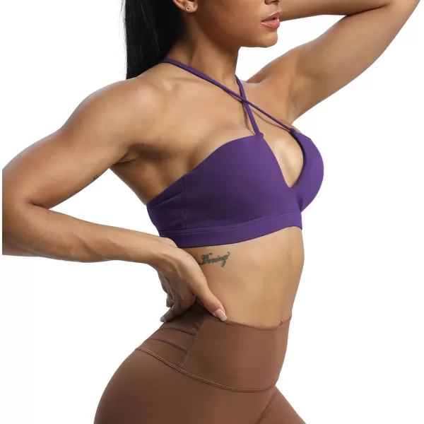 Aoxjox Womens Workout Sports Bras Jamie Deep V Fitness Backless Padded Training Gym Bra Yoga Crop Tank TopMulberry Purple