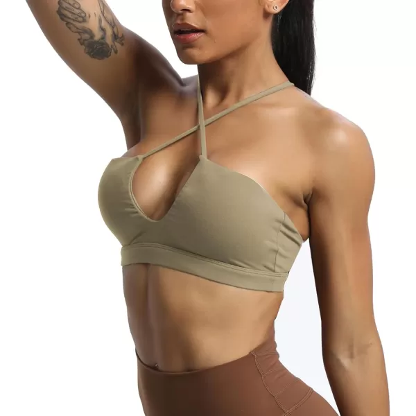 Aoxjox Womens Workout Sports Bras Jamie Deep V Fitness Backless Padded Training Gym Bra Yoga Crop Tank TopTaupe