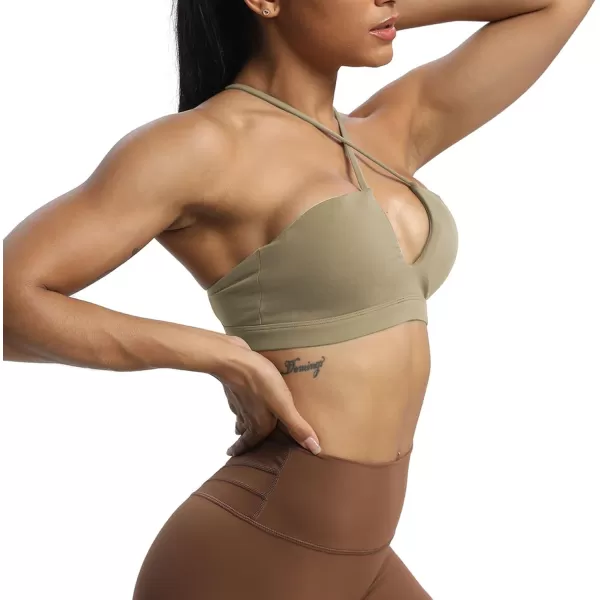 Aoxjox Womens Workout Sports Bras Jamie Deep V Fitness Backless Padded Training Gym Bra Yoga Crop Tank TopTaupe