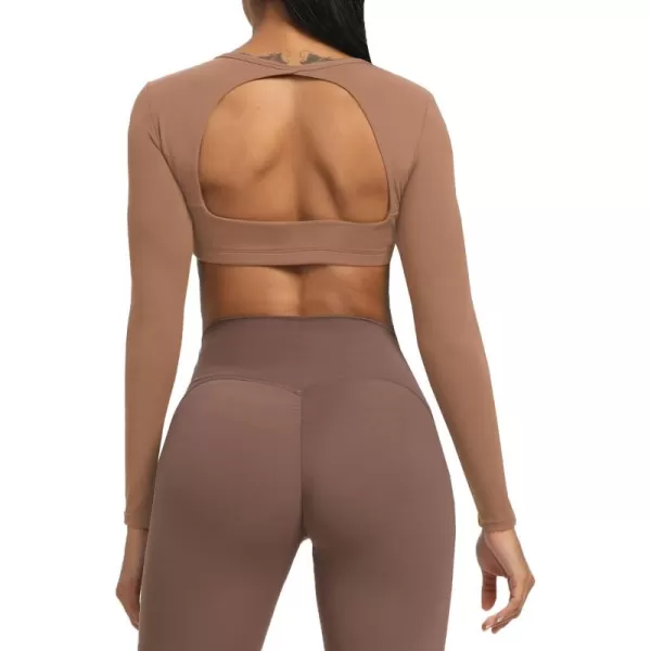 Aoxjox Long Sleeve Crop Tops for Women Clarissa Backless Workout Crop T Shirt TopBrownie