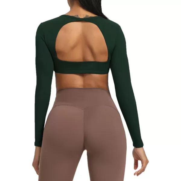 Aoxjox Long Sleeve Crop Tops for Women Clarissa Backless Workout Crop T Shirt TopForest Green Deep Depths Green