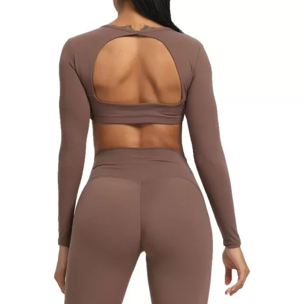 Aoxjox Long Sleeve Crop Tops for Women Clarissa Backless Workout Crop T Shirt TopFudge Coffee