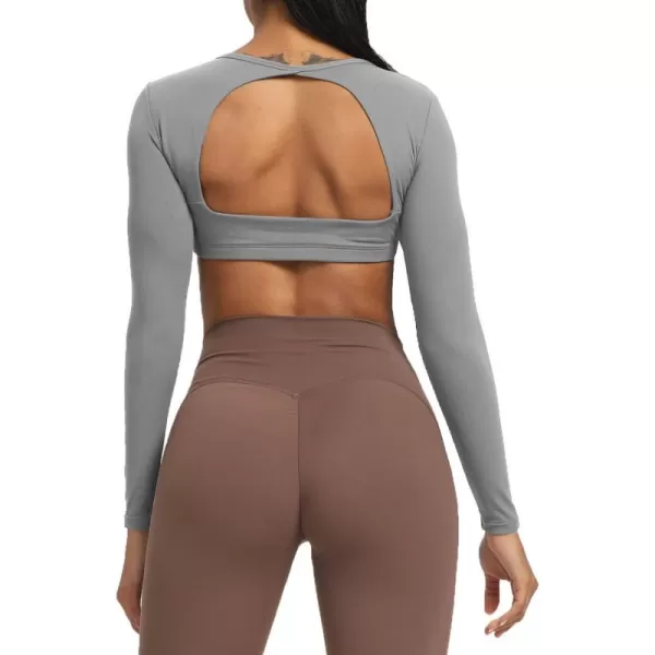 Aoxjox Long Sleeve Crop Tops for Women Clarissa Backless Workout Crop T Shirt TopGrey