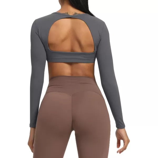 Aoxjox Long Sleeve Crop Tops for Women Clarissa Backless Workout Crop T Shirt TopIron Grey