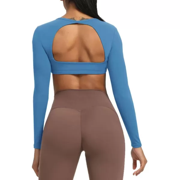 Aoxjox Long Sleeve Crop Tops for Women Clarissa Backless Workout Crop T Shirt TopMykonos Blue
