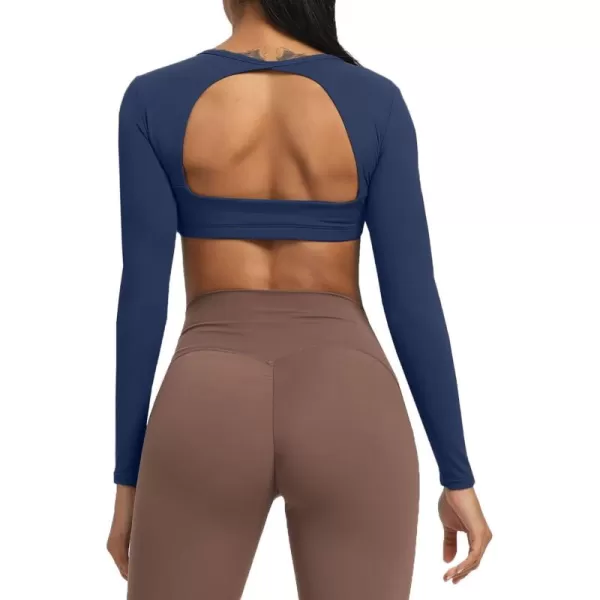 Aoxjox Long Sleeve Crop Tops for Women Clarissa Backless Workout Crop T Shirt TopNavy