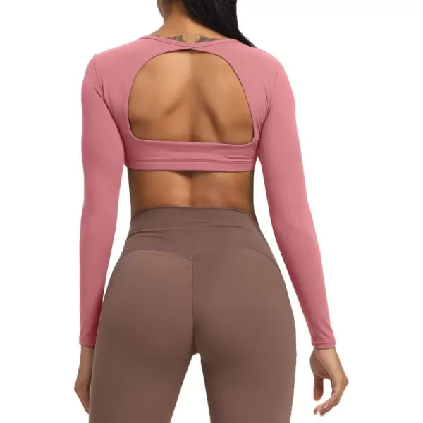 Aoxjox Long Sleeve Crop Tops for Women Clarissa Backless Workout Crop T Shirt TopPink