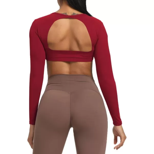 Aoxjox Long Sleeve Crop Tops for Women Clarissa Backless Workout Crop T Shirt TopRumba Red