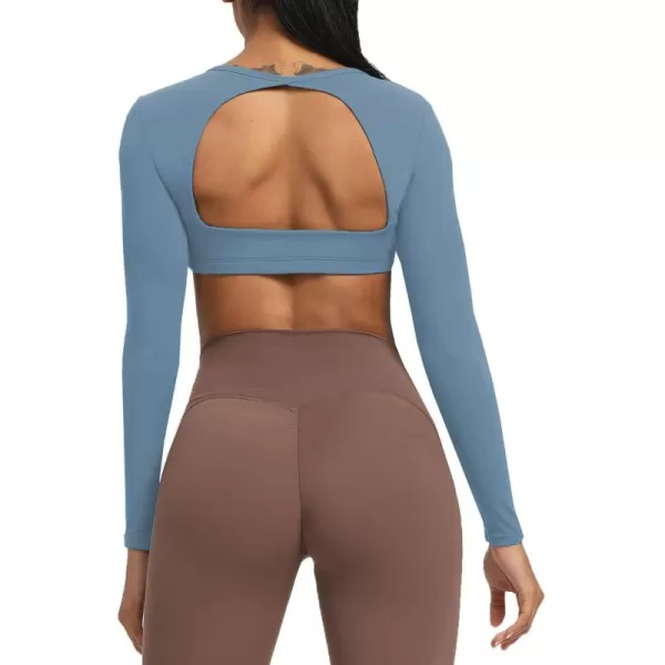 Aoxjox Long Sleeve Crop Tops for Women Clarissa Backless Workout Crop T Shirt TopSteel Blue