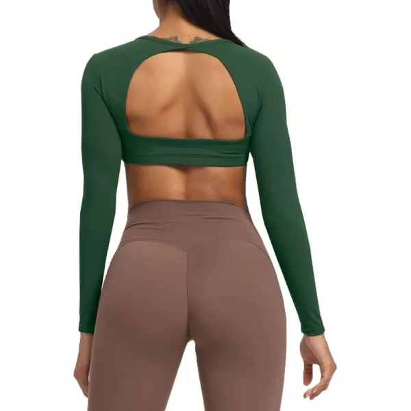 Aoxjox Long Sleeve Crop Tops for Women Clarissa Backless Workout Crop T Shirt TopStorm Green