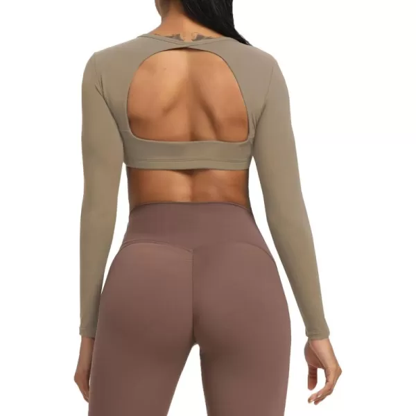 Aoxjox Long Sleeve Crop Tops for Women Clarissa Backless Workout Crop T Shirt TopTaupe