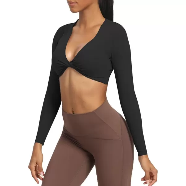 Aoxjox Long Sleeve Crop Tops for Women Sienna Twist Deep V Workout Crop T Shirt TopA Black